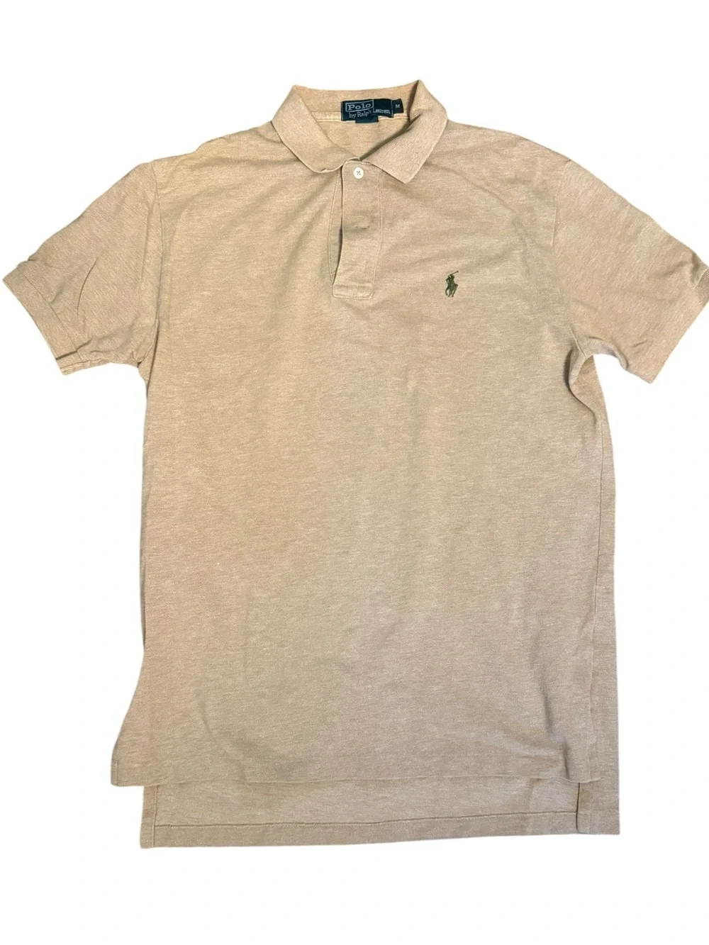 Polo Ralph Lauren Vintage Tan Beige Pique Knit Polo Shirt Green Pony Size M